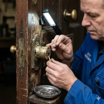 Damaged lock cylinder being repaired by Philadelphia locksmith technician