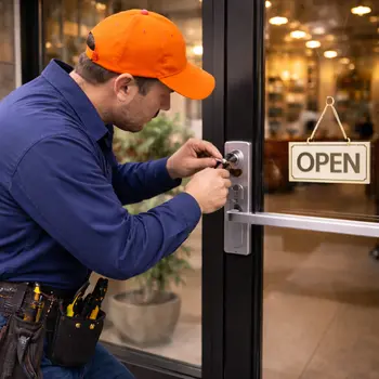 Commercial locksmith servicing storefront lock in Philadelphia
