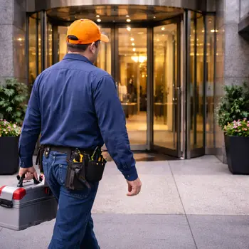Locksmith arriving at downtown Philadelphia high-rise building entrance