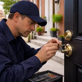 Locksmith rekeying residential door lock on Philadelphia rowhouse